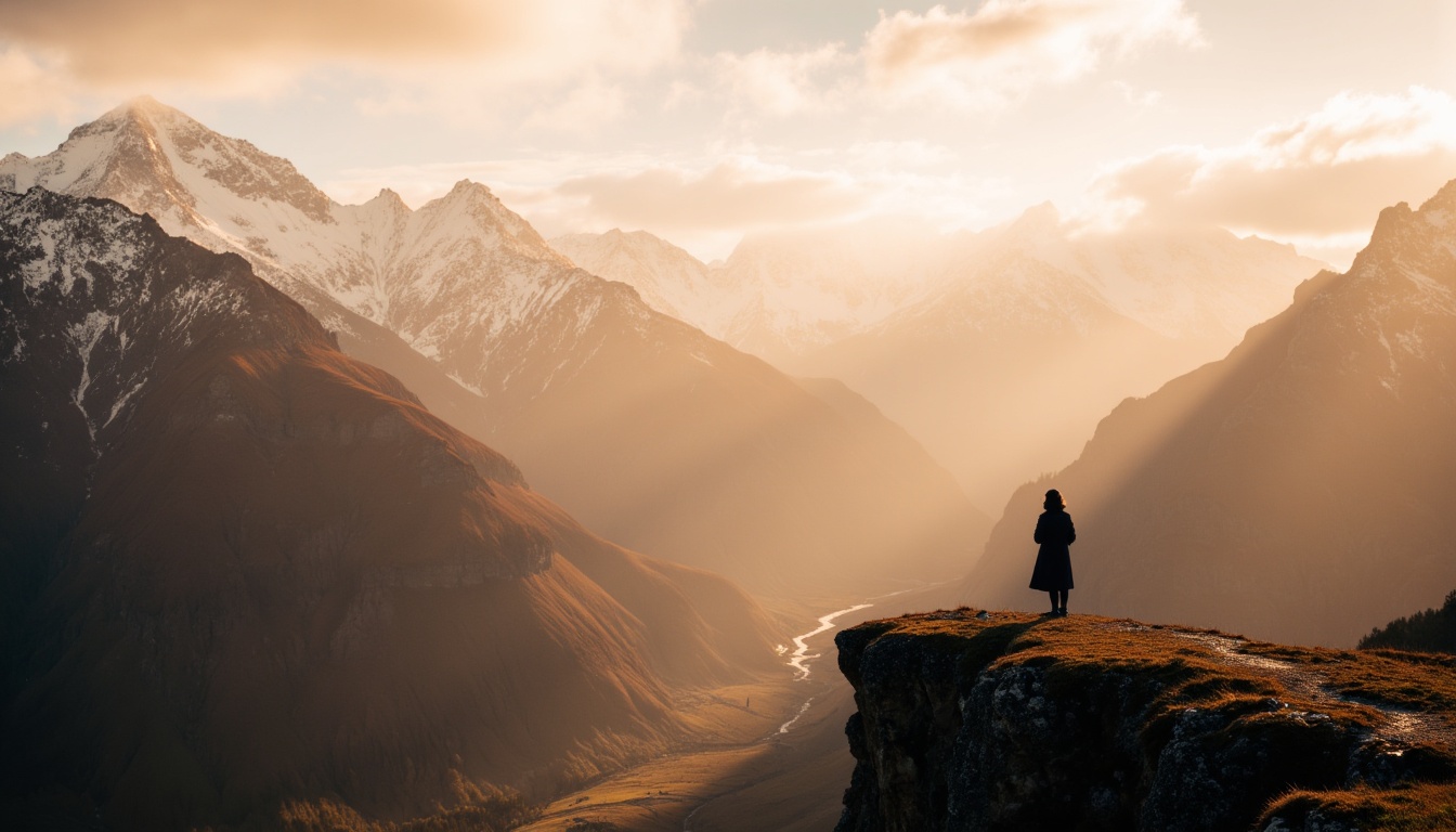 A lone traveller on a cliff above golden Himalayan valleys